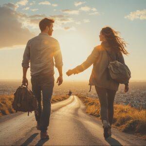 A couple walking hand in hand down a sunlit path at sunset, both carrying backpacks and smiling at each other, symbolizing adventure, freedom, and shared journeys — perfect for a blog about Adventurous Cuckold Captions .