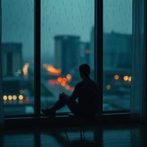 Person sitting alone by a rainy window with soft lighting, symbolizing emotional solitude and peaceful reflection for Aesthetic & Emotional Alone Captions.
