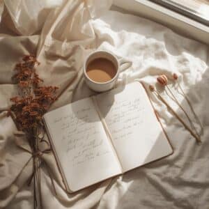 Minimal aesthetic flat lay with notebook, coffee cup, and soft sunlight, symbolizing calm and happiness for Instagram quotes.