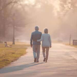 Aesthetic image of a stroke survivor and buddy walking together during recovery in soft pastel tones.