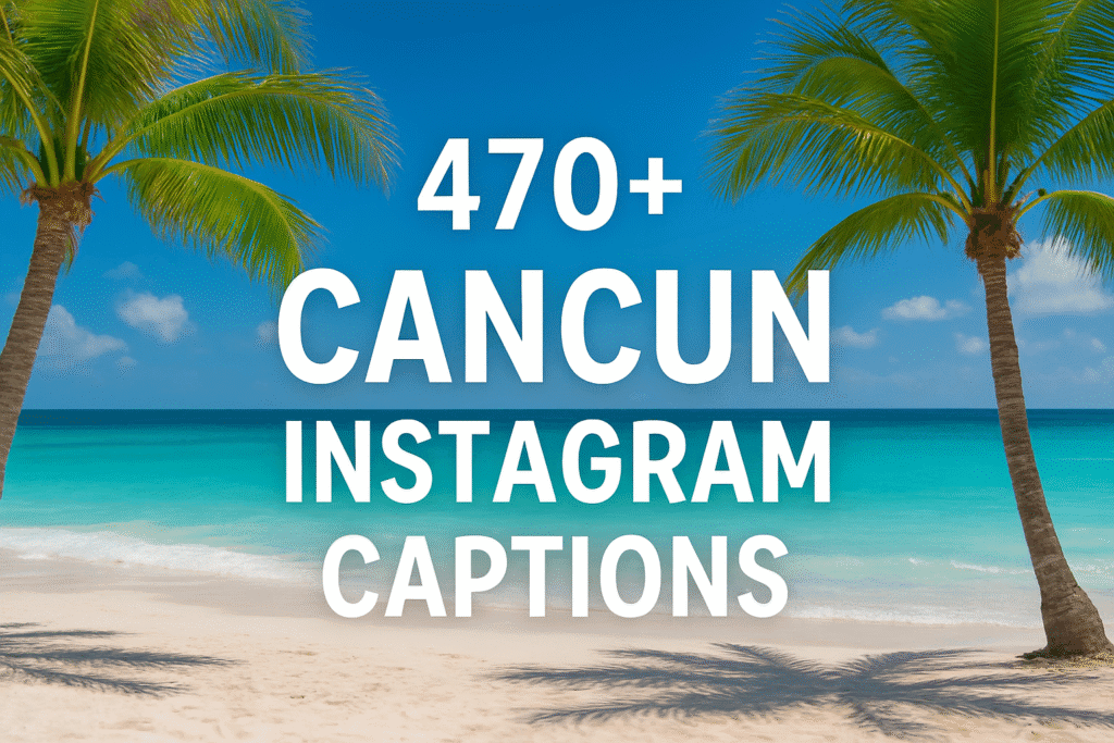 “Beautiful Cancun beach at sunset with palm trees, turquoise ocean waves, and golden sky — perfect tropical scene for Instagram captions about Cancun travel.”
