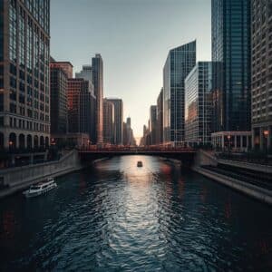 Chicago Riverwalk at golden hour with skyscraper reflections and a calm waterfront view.