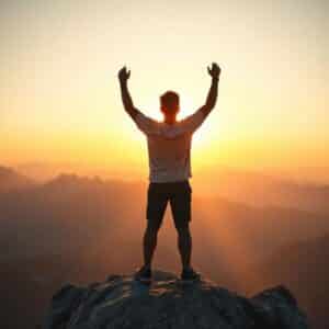 Confident person standing alone on a mountain peak at sunrise, representing strength, independence, and self-growth for Confidence and Strength Captions.