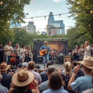 “Musician playing guitar on an outdoor Nashville stage with string lights, cowboy boots, and country music vibes, perfect for Instagram captions.”