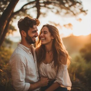A happy couple smiling together during golden hour, capturing romantic vibes and genuine love for the section “Couple Smile Captions.”