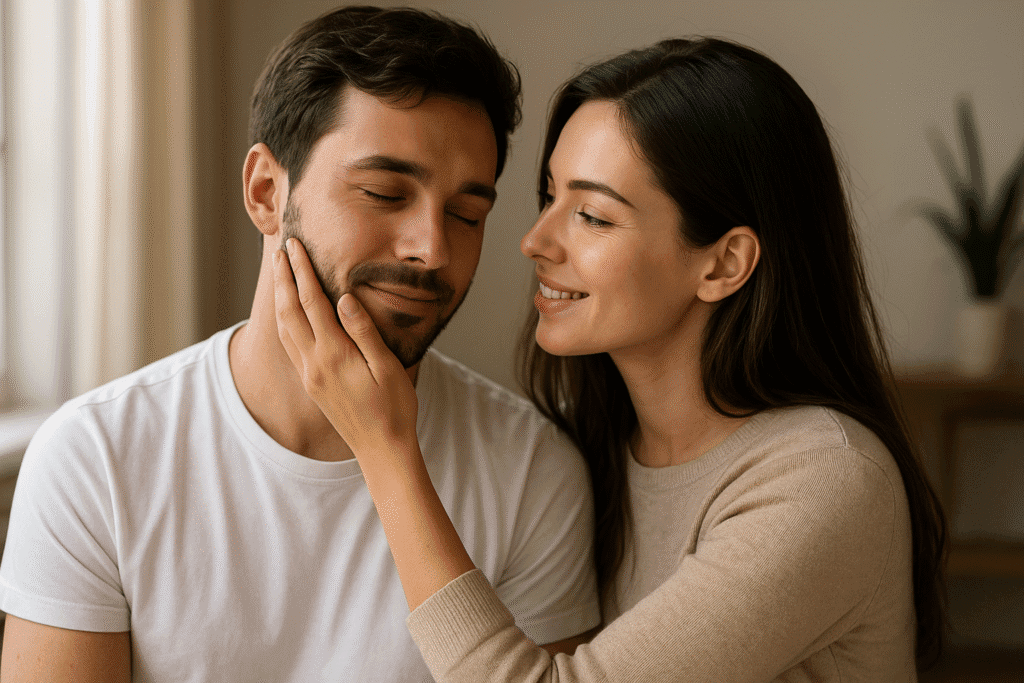 A tender indoor moment between a young couple, where the woman gently touches the man’s face while smiling warmly. Soft natural light fills the room, creating a cozy, intimate atmosphere that reflects emotional connection and trust, perfectly complementing a blog about Cuckold Captions and relationship dynamics.