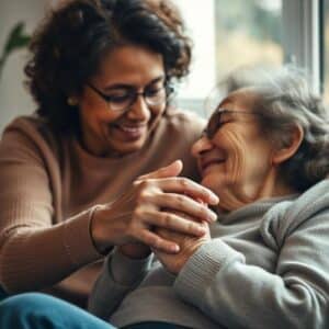 Emotional support between stroke survivor and buddy holding hands during recovery.