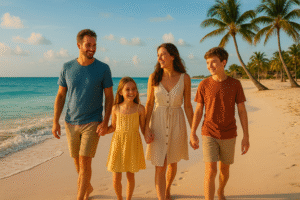 “Happy family enjoying a sunny day on Cancun beach with turquoise water and palm trees, capturing the joy of a family-friendly Cancun vacation for Instagram.”