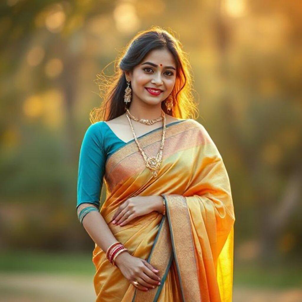 Instagram Captions for Saree Elegant woman in a traditional saree posing outdoors in soft light with a graceful ethnic look.