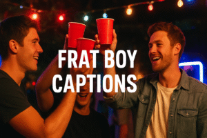 Three young men at a lively college party, wearing casual shirts and laughing under neon lights, capturing the fun and carefree energy of frat boy life (Frat Boy Captions).