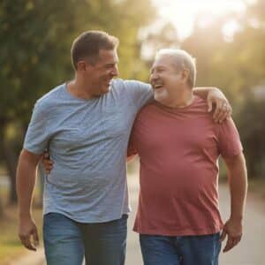 Two supportive friends bonding during stroke recovery, symbolizing strength and friendship.