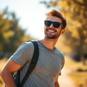 Smiling young man in casual streetwear posing confidently outdoors, capturing positive energy for Instagram captions.