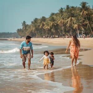 “Family enjoying a sunny Konkan beach, playing in the sand with waves and coconut trees in the background”