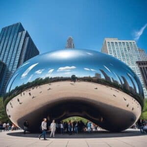 Cloud Gate “The Bean” at Millennium Park in Chicago with skyline reflections on a sunny day.