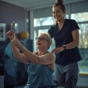 Stroke survivor with a supportive buddy during rehab, showing motivation and recovery.