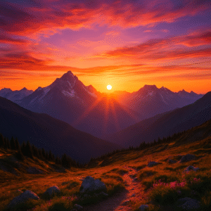 A breathtaking high-resolution photograph of a mountain sunset with the sun setting behind snow-covered peaks, golden-orange light illuminating alpine meadows and a winding trail — perfect for Mountain Sunset Captions for Instagram.