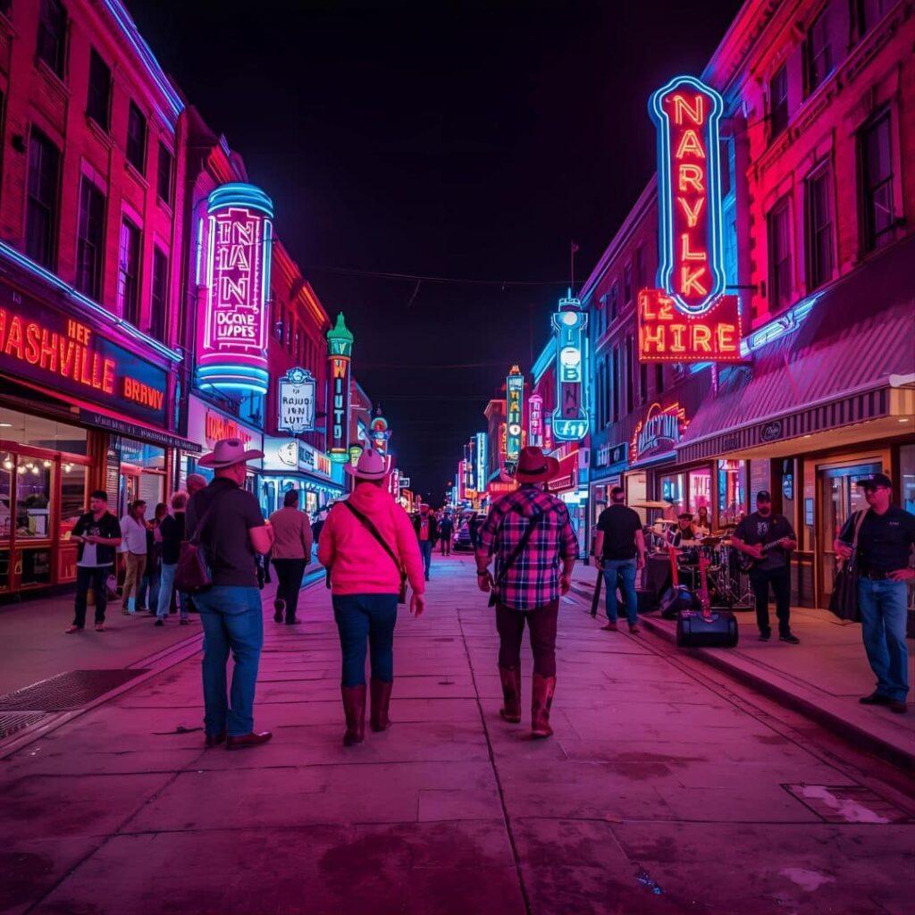 “Colorful Broadway street in Nashville with neon lights, live music, cowboy boots, hot chicken, and a fun Instagram-ready vibe.”