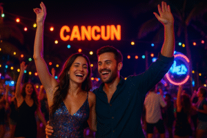 “Vibrant Cancun nightlife scene with a happy couple dancing under neon lights, lively crowd, and tropical party atmosphere — perfect for nightlife Cancun Instagram captions.”