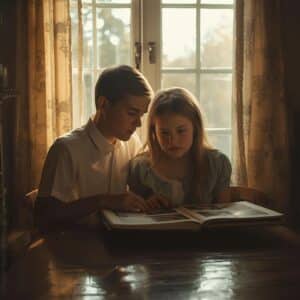 Nostalgic brother and sister looking through old photo albums in warm sunlight