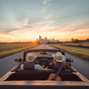 “Car driving on an open highway toward Nashville at sunset with friends inside, cowboy hats, guitar, and scenic Tennessee landscapes, perfect for road trip captions.”