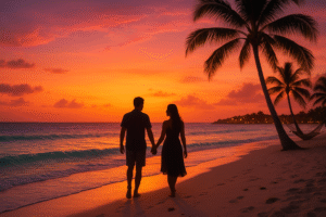 “Romantic couple walking hand in hand on Cancun beach during sunset, surrounded by palm trees and colorful sky — ideal image for romantic Cancun Instagram captions.”