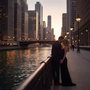 Romantic couple by the Chicago Riverwalk at sunset with city lights and skyline in the background.