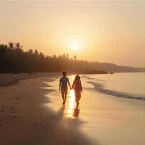 “Romantic couple walking hand-in-hand on a Konkan beach at sunset with golden sky and gentle waves”