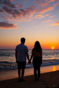 A romantic couple holding hands while watching a beautiful sunset on the beach, with golden sunlight reflecting on the ocean waves — ideal for Romantic Sunset Captions for Instagram.