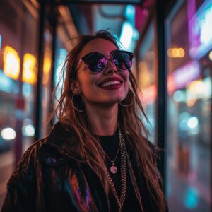 A fierce and stylish woman smiling with confidence under neon lights, showing bold and fearless vibes for the “Savage Smile Captions for Instagram” section.