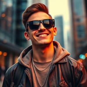 A confident person smiling with attitude, wearing stylish sunglasses and streetwear, symbolizing bold personality for “Smile Attitude Captions for Instagram.”