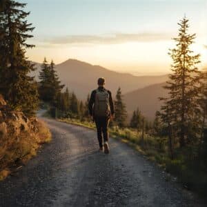 Solo traveler walking on a scenic mountain road at sunset, representing freedom, adventure, and self-discovery for Travel Alone Captions for Instagram.